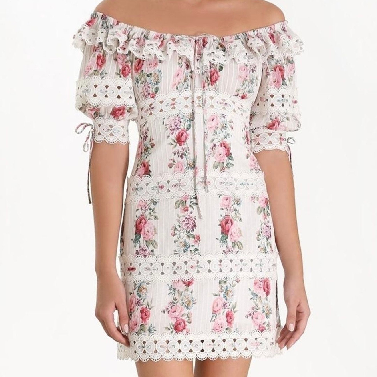 Zimmerman Honour Pintuck Panel Crochet Trim Pink Floral Off Shoulder Mini Dress